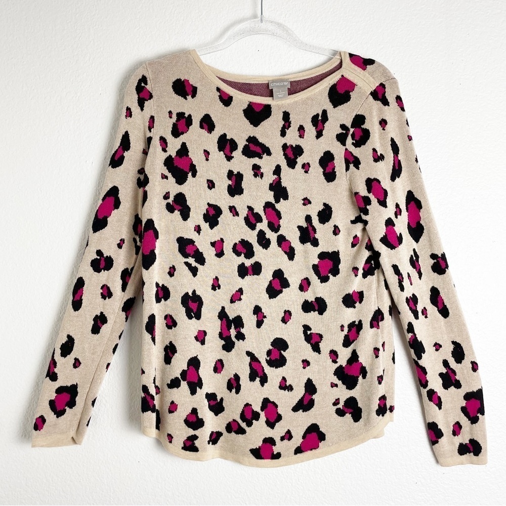 Chico’s Textured Animal-Print Bateau-Neck Sweater Tan/Black/ Pink